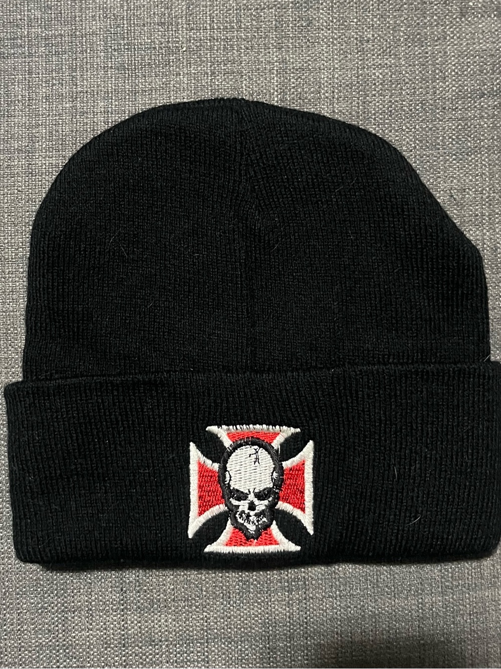 Black Kids Knit Beanie with Red & White Skull Patch
